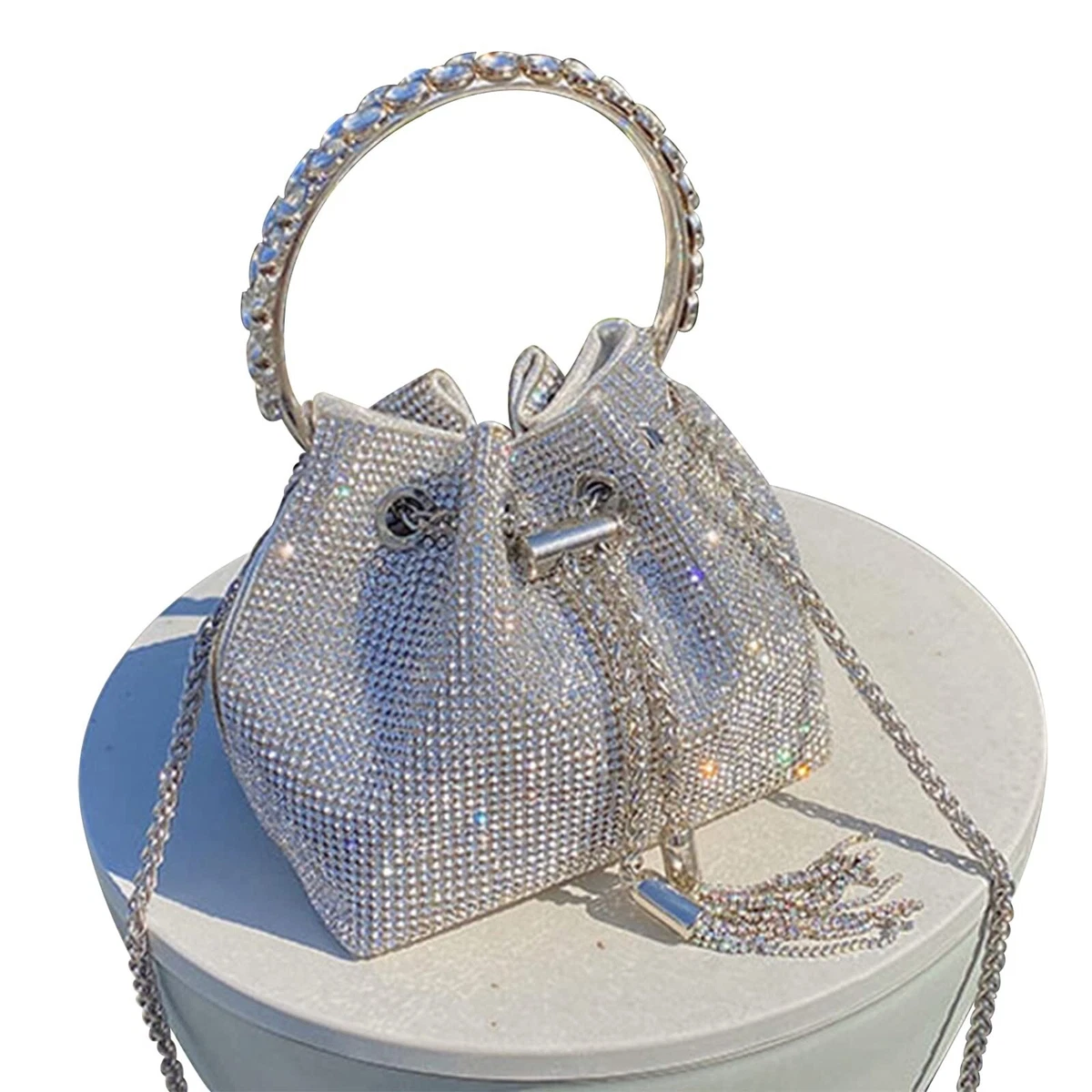 Round Top Handle Silver Glitter Bag