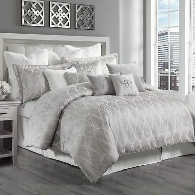 Luxury Designer Queen 12 PC Bedding Ensemble Damask Jacquard Grey RICH!