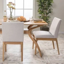 Minimalist Leona Fabric & Wood Finish Dining Chair Plush Upholstery (Set of 2)