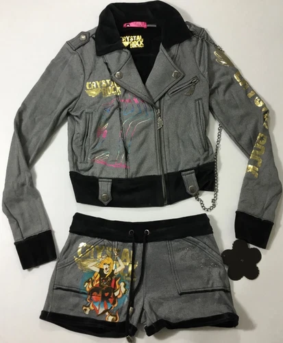 Crystal Rock Christian Audigier Crop Jacket Short Set Rocker Grey CRW117 Size S