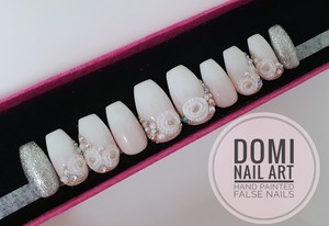 Extra Long Hand Painted False Nails Coffin Ombre Pink White