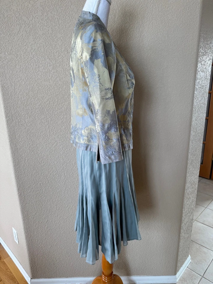 Carmen Marc Valvo Falda Traje Talla 8 Blazer Conjunto Chaqueta Seda Mujer Polvoriento Azul Verde Foto 2 de 4