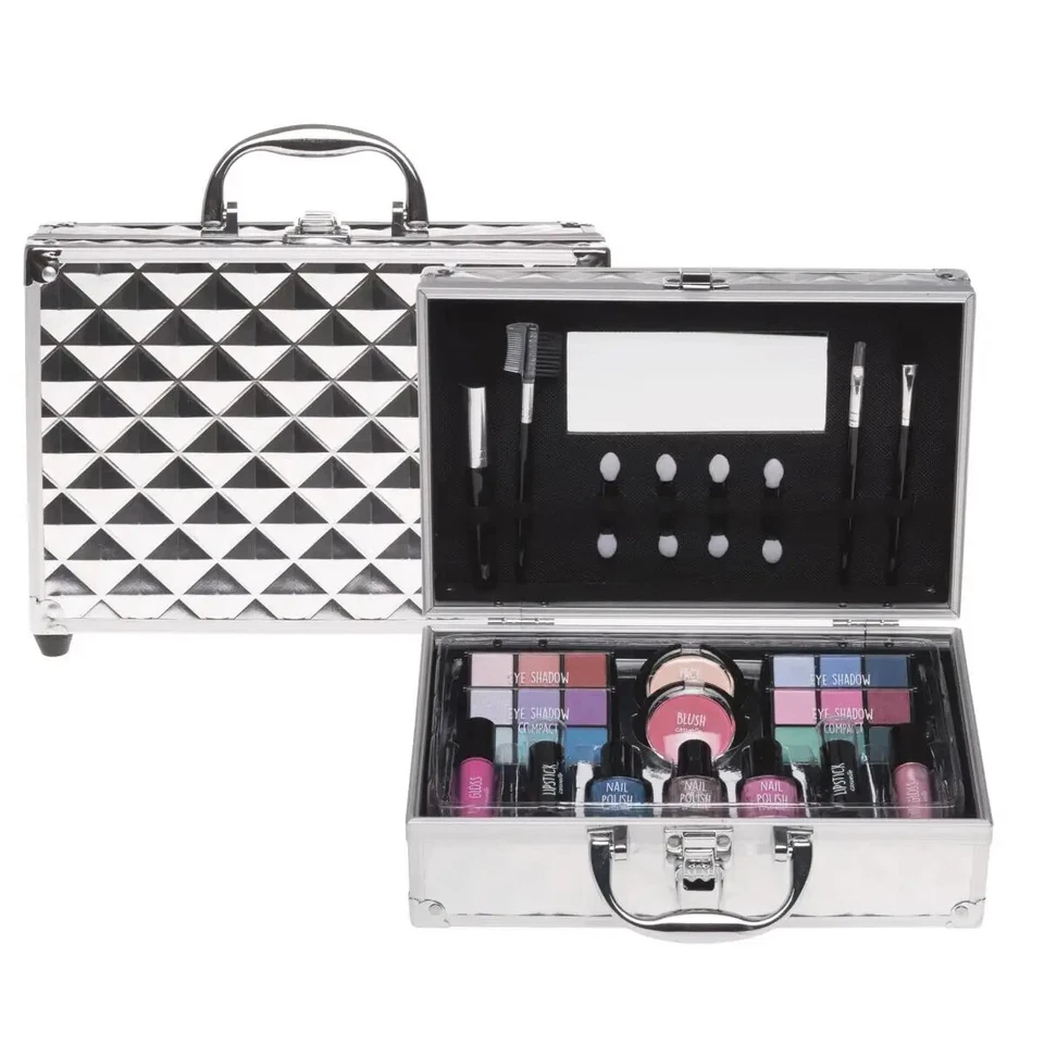 Casuelle Trousse Argento Quadrata con Specchio e Kit Makeup Completo - Immagine 3 di 3