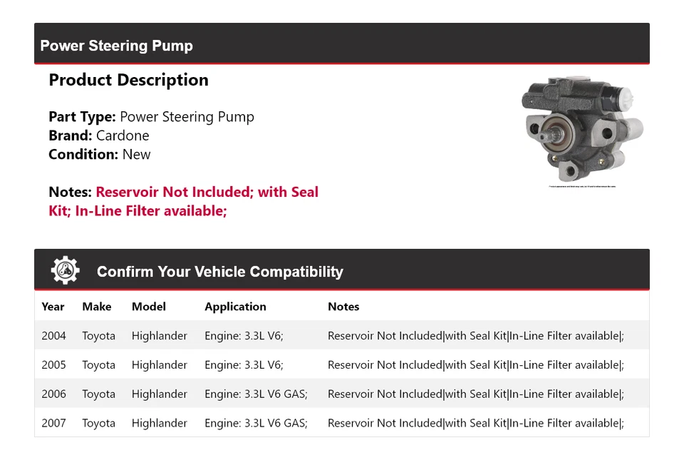 Bomba de dirección asistida Cardone 2005 2006 para Toyota Highlander 2004-2007 Foto 2 de 4