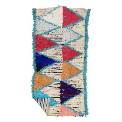 Moroccan Handmade Vintage Rug 2'8''x6'Berber Geometric Blue Cotton Tribal Rug