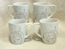 4 Corelle Coordinates Splendor Porcelain 12 Oz Coffee Cups Mugs Red Gray Swirls