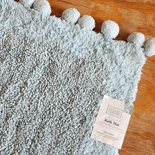 Boho Bath Mat Rug with Ball Fringe Blue Cotton pompoms