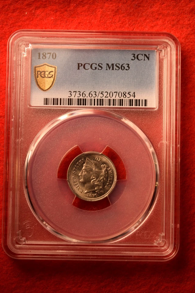 1870 THREE CENT PIECE PCGS CERTIFIED MS--63 GORGEOUS WHITE COIN!   #6 - Image 2 of 3