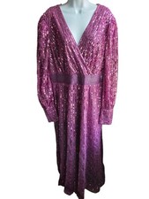 NWT Mac Duggal Purple Sequined Wrap Over Bishop Long Sleeve Gown Size 18