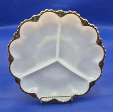 Vtg Anchor Hocking Milk Glass Divided Relish Dish Gold Trim Scalloped Rim 10"