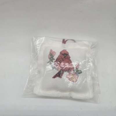 Vintage Needlepoint Cardinal Bird Miniature Pillow Floral 4''X4'' Hanging Ornament