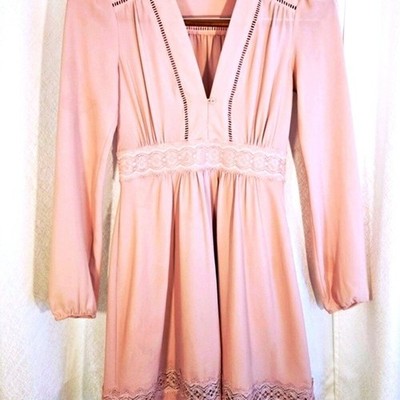 WAYF Womens Blush Pink Lace Trim V-Neck Long Sleeve Mini Dress XS