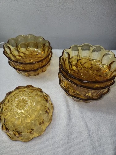 Vtg Anchor Hocking Amber Glass Fairfield Salad / Soup Serving Bowl with 6 Bowls