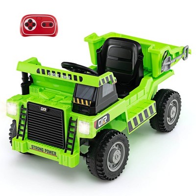 4-Wheeler 12V Kids Ride-On Dump Truck w/ Dump Bed & Shovel LED Lights Soft Start