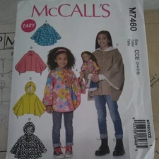 UNCUT McCalls M7460 Hooded or no hood Ponchos Child Size 3-6 & 18" doll poncho