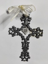 "BLESSING ON YOUR BAPTISM" Pewter Filigree Cross with Pearl Accents  Silver Bow