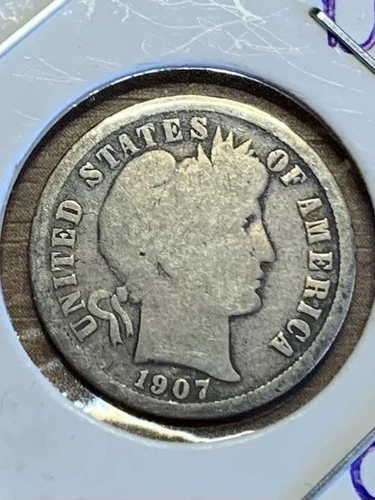 1907-P Barber Dime 90% Silver Good Circulated Wreath/Rim Details Sleeved