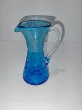 Blue Crackle Glass Mini Vase Pitcher Creamer With Clear Handle 4"