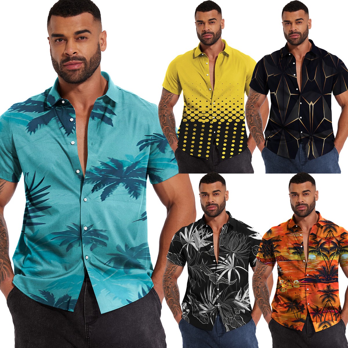 Men Hawaiian Shirts Floral Palm Tree Sunset Surf Beach Party