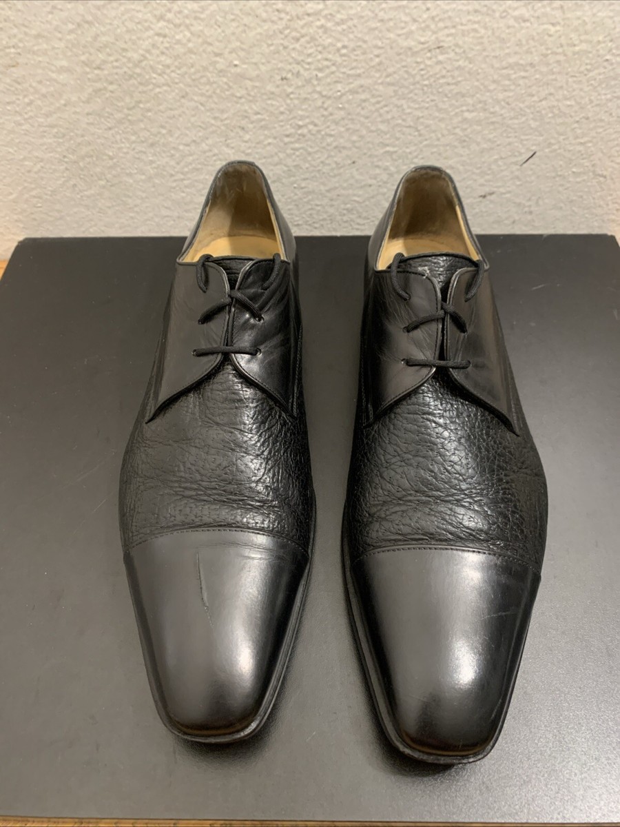 MORESCHI Ostrich Leather Cap Toe Derby Oxford in Black Men 