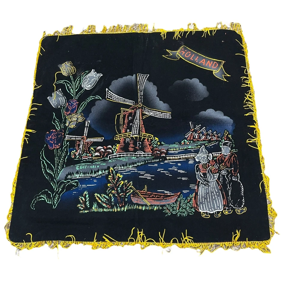 Set Of 2 Black Velvet Pillow Black Holland Vintage Souvenir Windmill Fringed 17" - Image 2 of 4