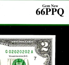 ULTIMATE SUPER REPEATER serial number 02020202 on a $2 graded PCGS 66 PPQ