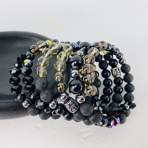 Bracciale Pila Avvolgente Nero Cristalli Swarovski Lava Rock Tono Argento Boho - Foto 6 di 6
