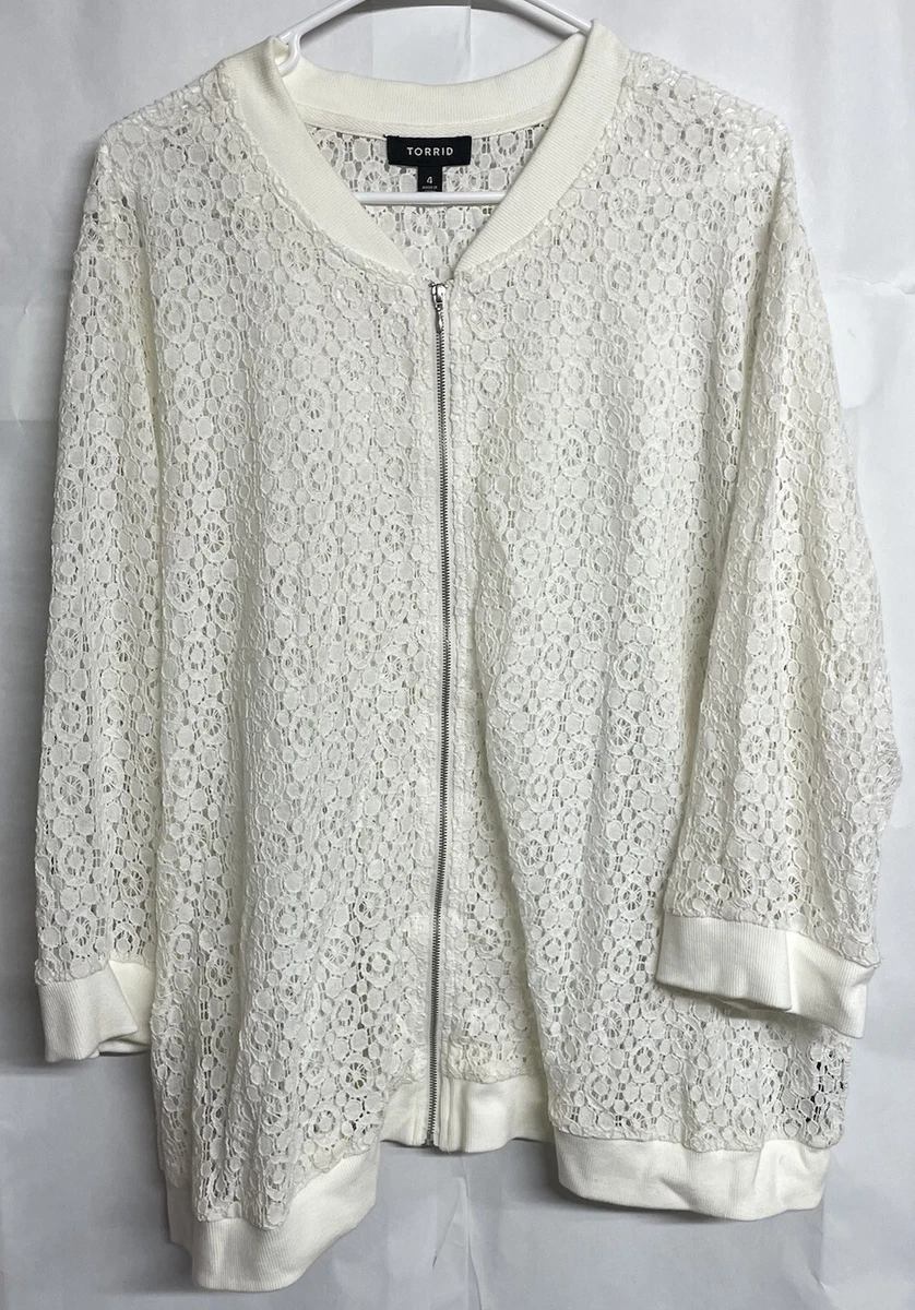 Torrid Womens White Floral Eyelet Lace Zip Up Bomber Jacket Plus