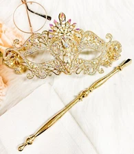 Masquerade Mask with Stick, Luxury Crystal Mask, Rhinestone Yellow Gold Mask