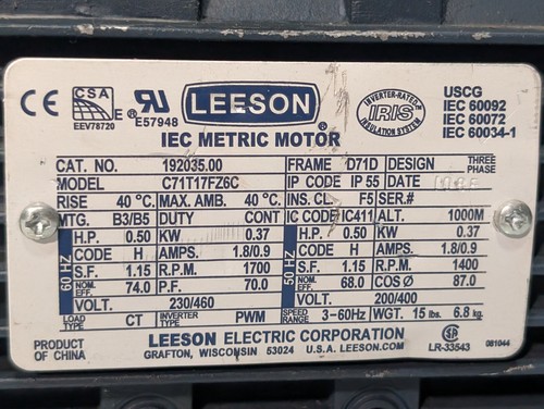 Leeson 192035.00 IEC Metric Motor C71T17FZ6C 0.5 HP, 3 Phase, 230/460 V, 1700RPM - Picture 4 of 12