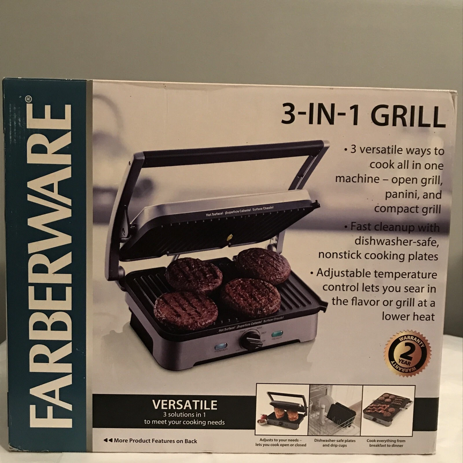 Farberware 3-in-1 NonStick Grill Panini Press Compact Grill Dishwasher Safe New