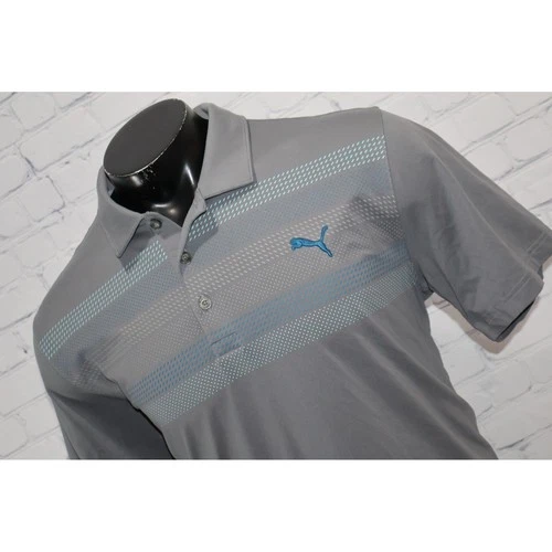 Puma Golf Polo Shirt Mens Large Gray Blue Stripe Short Sleeve Performance **