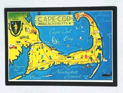 Colorful Illustrated Map of Cape Cod Massachusetts Souvenir Postcard Unposted