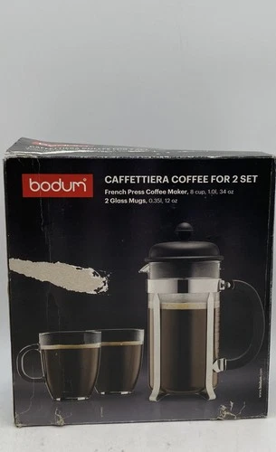 Bodum Black Silver Caffettiera French Press Coffee Maker With Two Glass Mugs Set