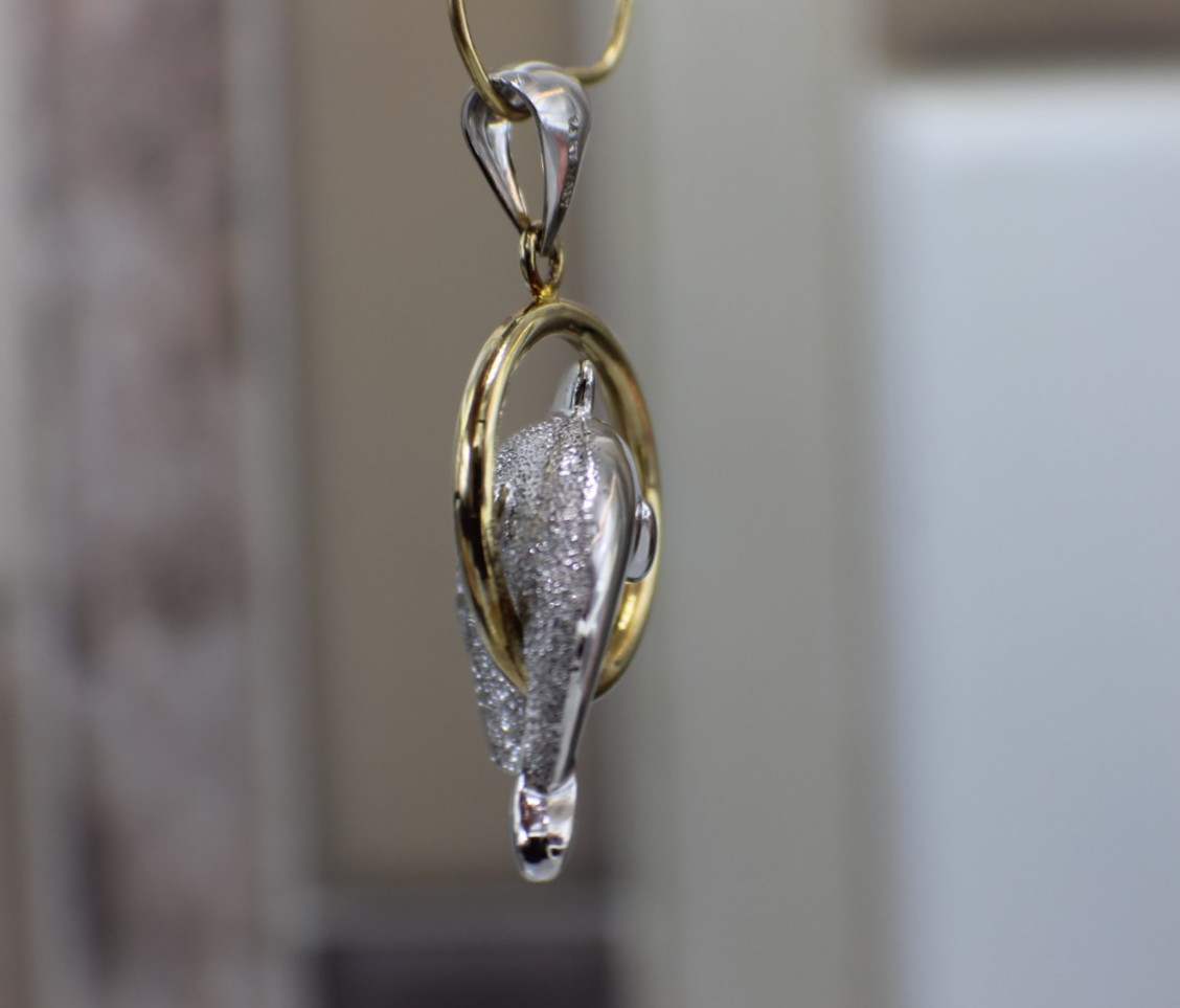 Solid 14K Two-Tone Gold Jumping Dolphin Glittery … - image 8