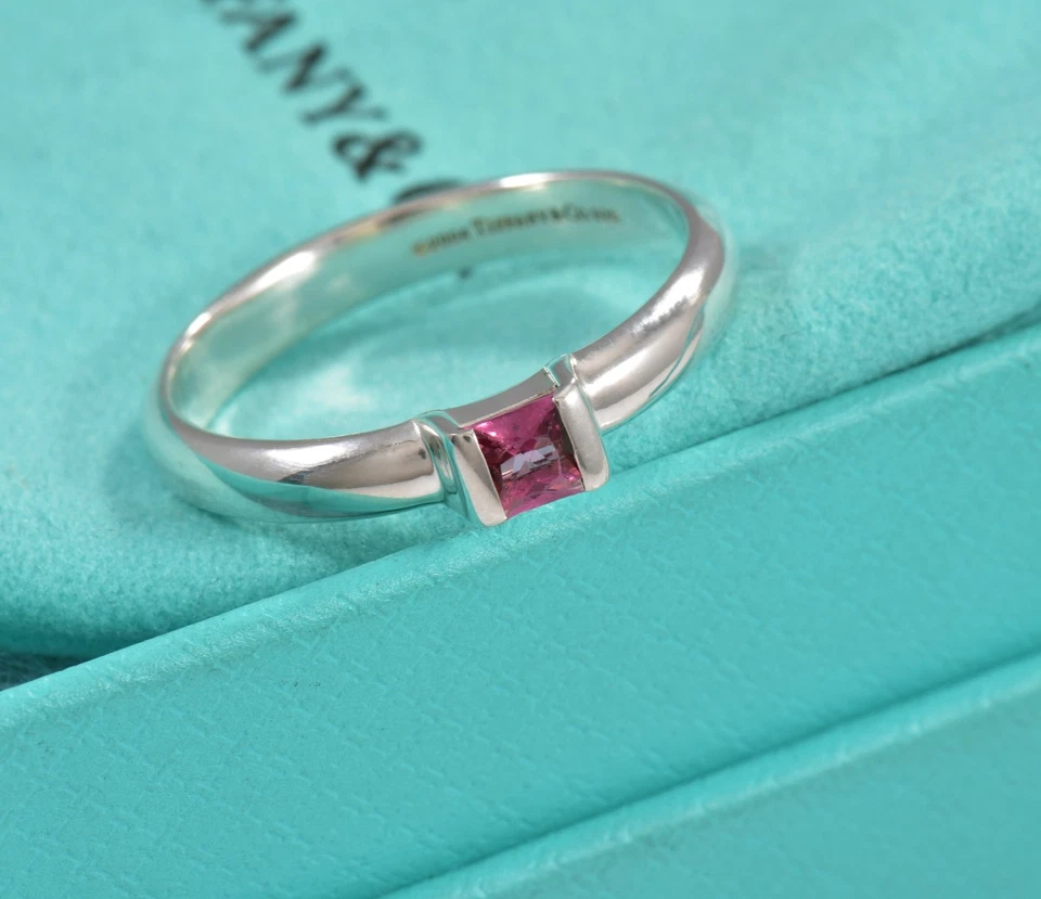 Anillo Tiffany & Co Plata Esterlina Rosa Turmalina Cuadrado Pila Banda Foto 3 de 4