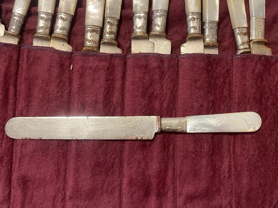 Faca de cabo de madrepérola antiga Shreve Co placa de prata 7” (conjunto de 20) - Imagem 3 de 4