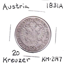 1831A Austria 20 Kreuzer (KM-2147) .1252 ASW Silver!!! [Francis I]  Vienna Mint