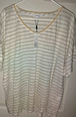 NWT Chico's 100% Linen striped short sleeve top V-neck Sz 4 XXL 2X Sheer