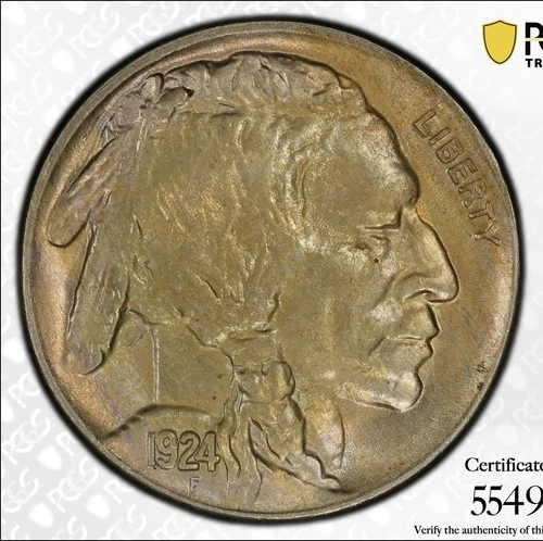 1924 Buffalo Nickel 5c - PCGS MS64 - Gold / Bronze Toned - $525 Price Guide