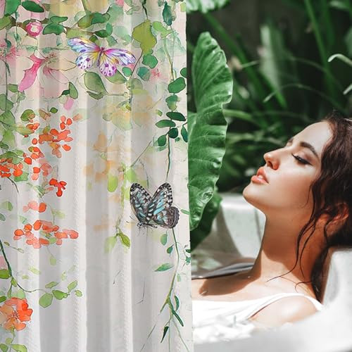 Flowers Shower Curtain Spring Botanical Vine Bathroom Decor Butterfly Bath - Picture 3 of 7