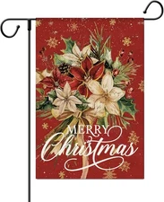 Floral Christmas Garden Flags 12X18 Double Sided- Merry Xmas Flower Yard Flag fo