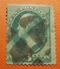 timbre usa george washington 3 cents vert décentré oblitéré sans gomme
