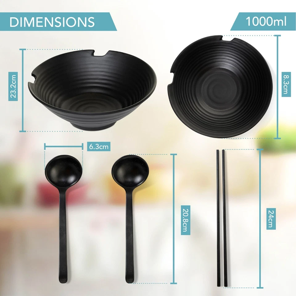 HEFTMAN Japanese Ramen Bowl Set of 2 Noodle Soup Salad Rice Spoons & Chopsticks - Image 2 of 4