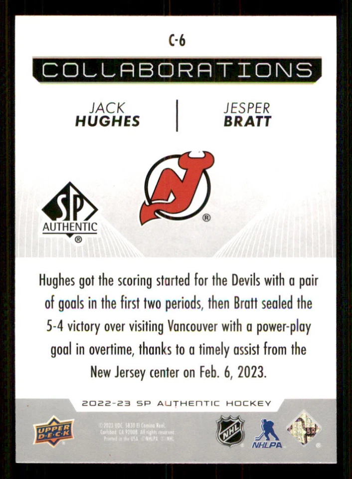 2022-23 SP Authentic Collaborations #C6 Jack Hughes/Jesper Bratt - Image 2 of 2
