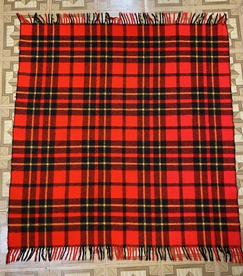 Vintage Faribo Bright Red Fluff Loomed Plaid Blanket 58 x 51