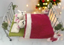 Primitive Farmhouse Christmas Felted Mice in Bed waiting on Santa Handcrafted