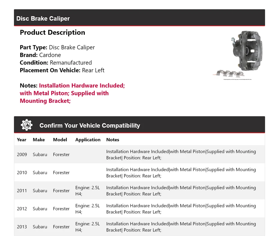 Штангенциркуль дискового тормоза задний левый Cardone 2010 2011 для Subaru Forester 2009-2013 годов выпуска - Изображение 2 из 4