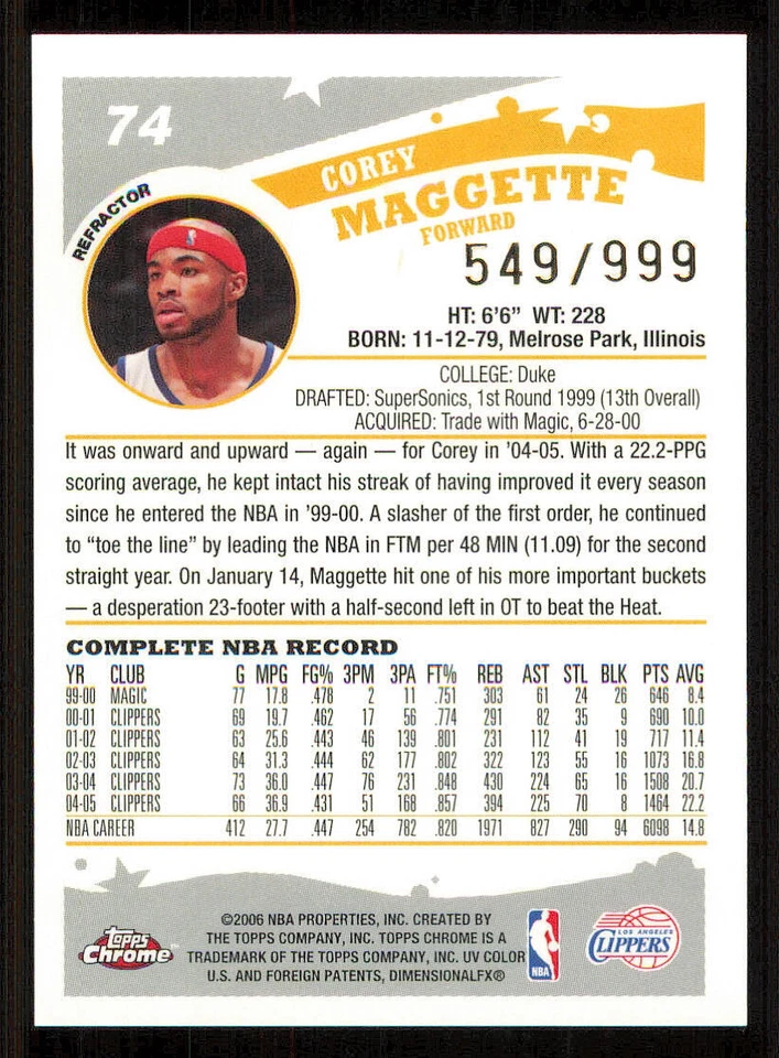 2005-06 Topps Chrome Refractors #74 Corey Maggette /999 - Image 2 of 2