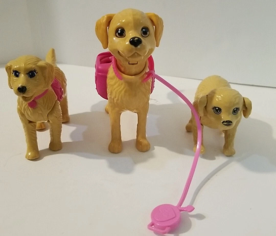 Set Of 3 Barbie Golden Retriever Pups Dogs Puppies Accessories